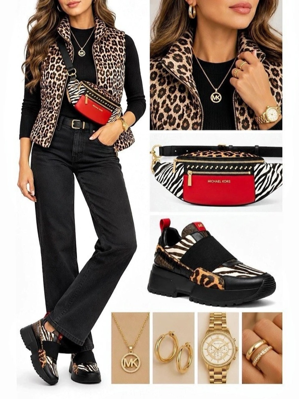 🐆NWT! Michael Kors Printed Calf Hair and Leather Trainer, 9.5